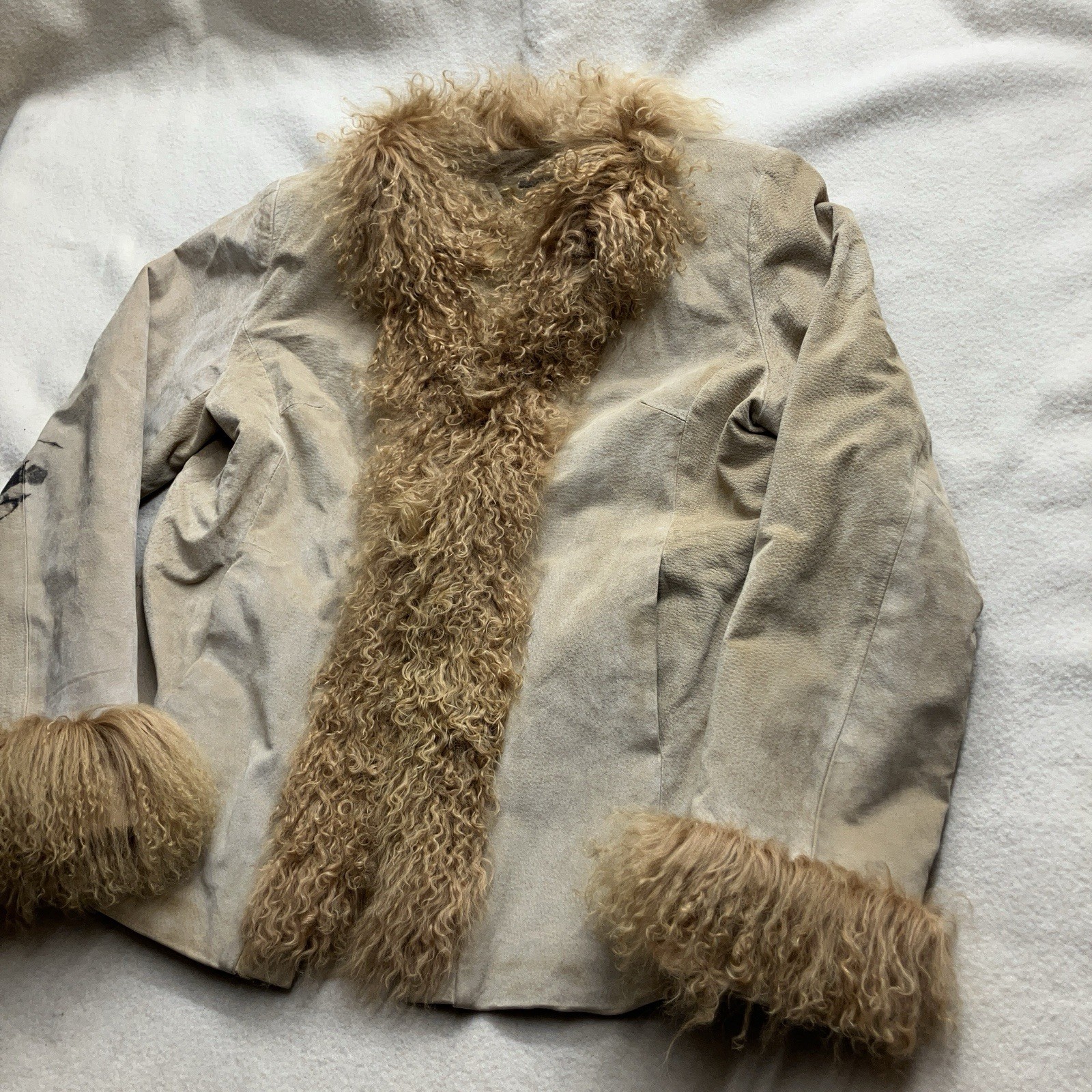 Vintage Penny Lane Genuine Suede Leather Mongolian Fur Tan Coat L Y2K Does 70’s