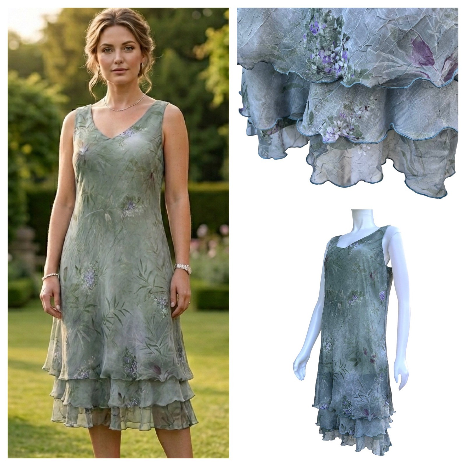 Ursula of Switzerland Tiered Dress 14P Sage Green Fairycore Crinkled 90s Formal