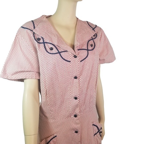 Vtg 40s red blue print button up day dress WWII era Victory Pinup VOLUP SIZING