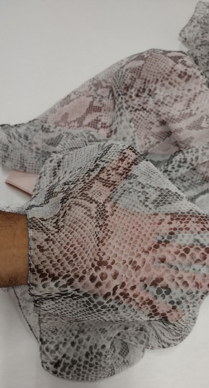Gray Snakeskin Chiffon Dress Ruffles Flamboyant Dolly Busty Size S/M 1980s