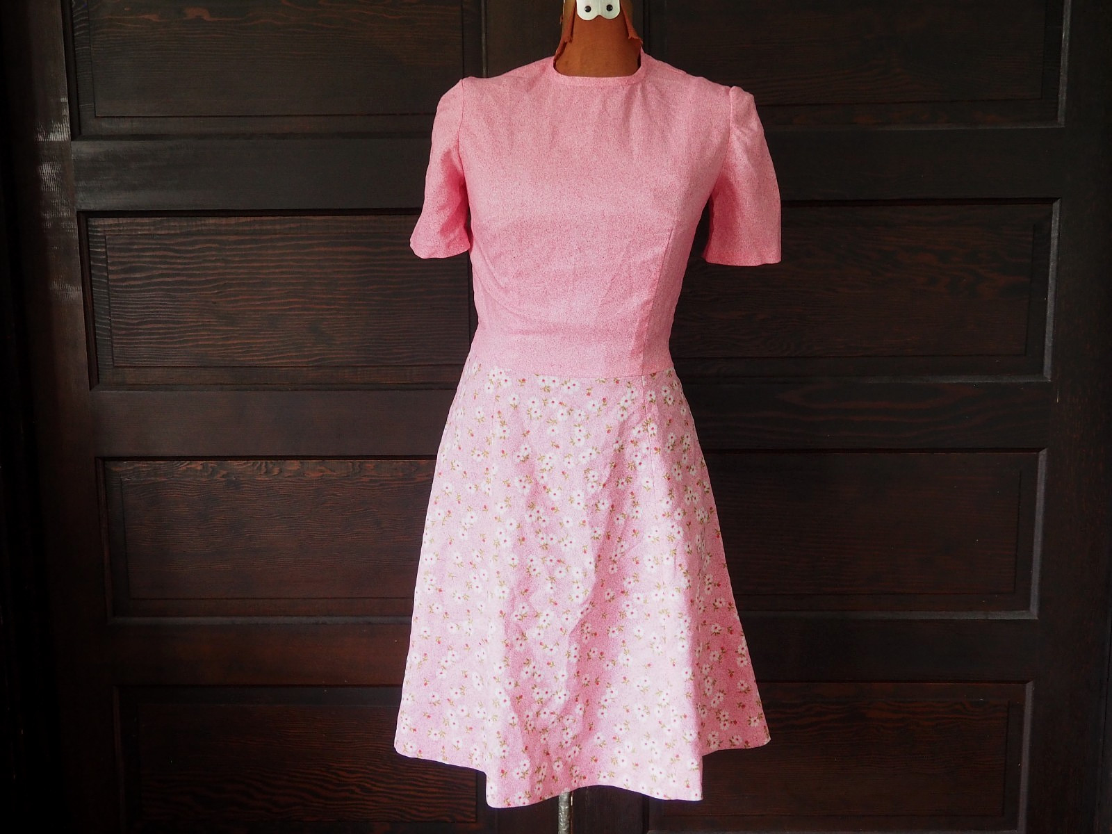 VTG 70s Pink Floral Summer Spring Garden Party Drop Waist A-Line Dress Zip Sz S