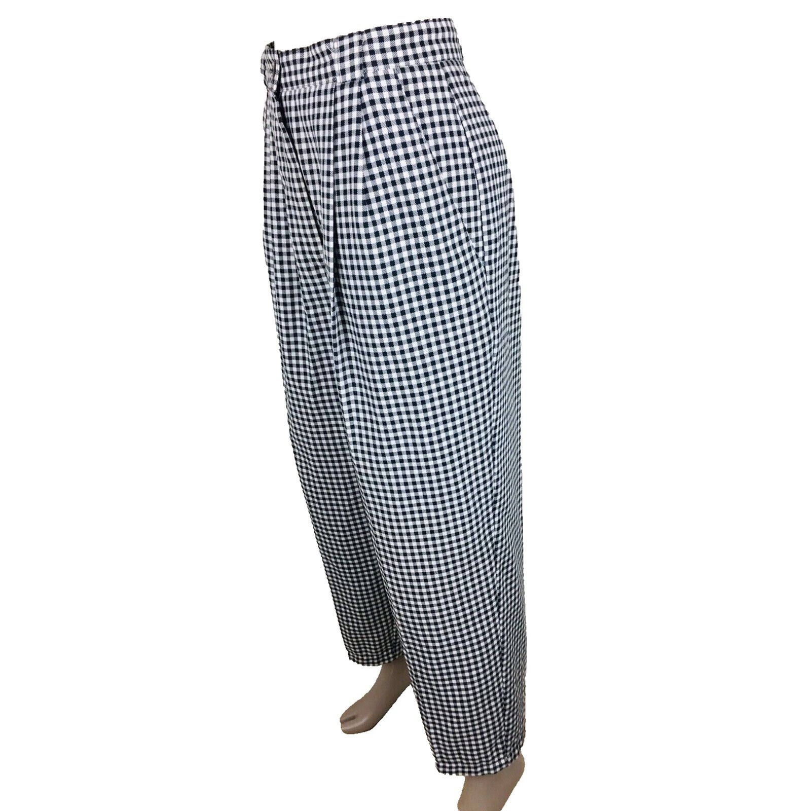 Vintage 70s 80s BLK/WHT Gingham Check High-Waist Pleated Tapered Mom Pants