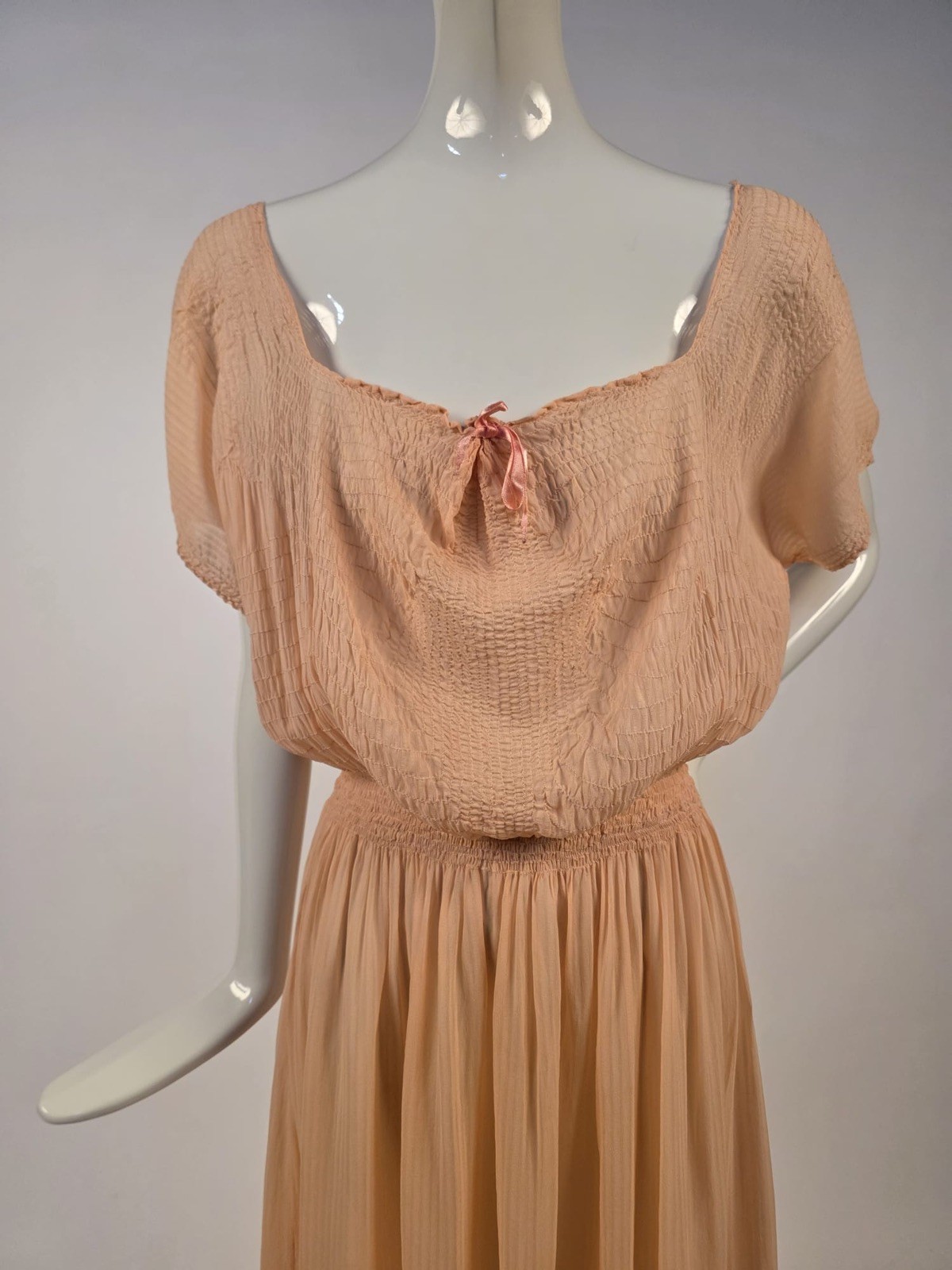 GLAMOUR 1930’S PEACH FLORAL SILK CHIFFON SLIP DRESS W HEAVILY RUCHED TOP