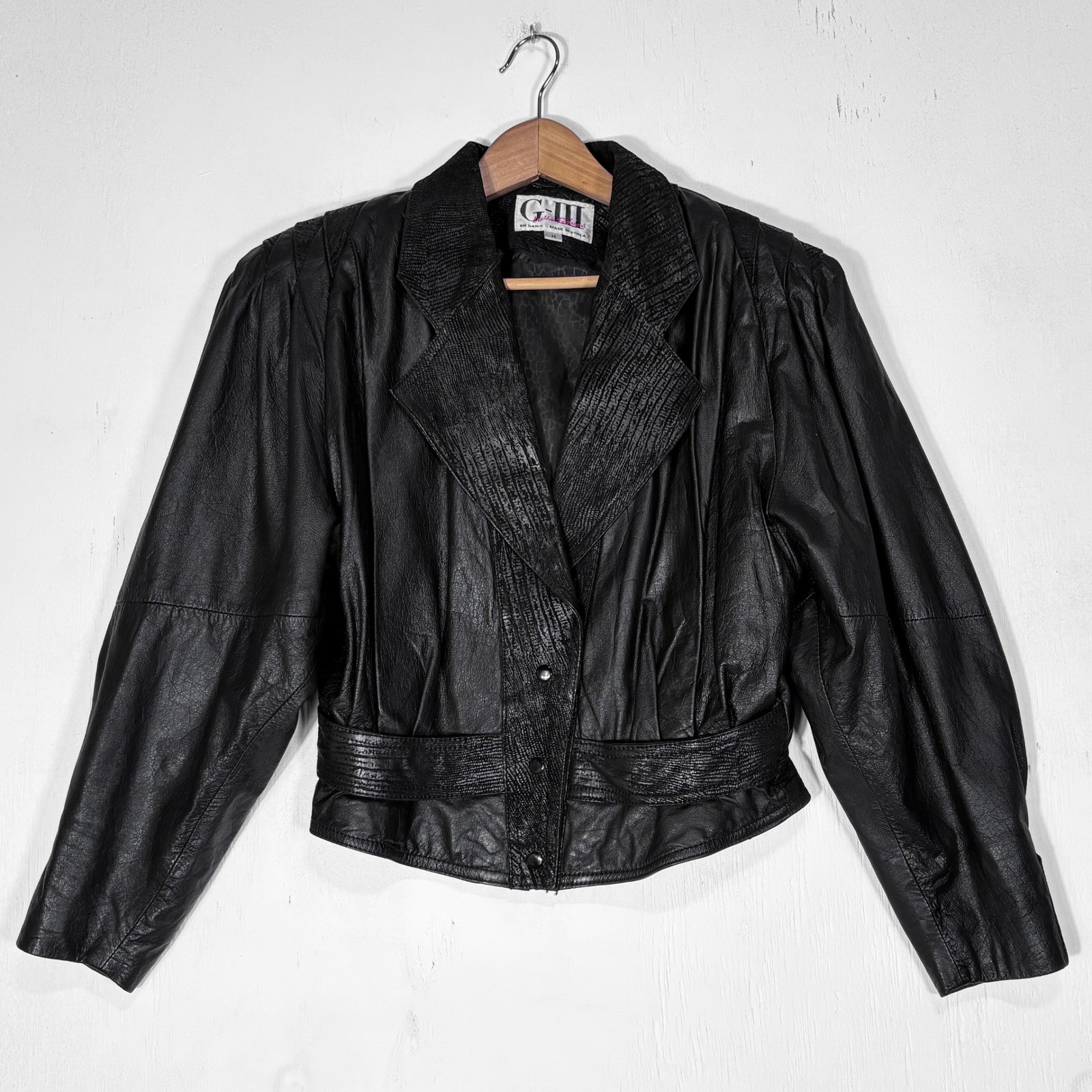 VTG 80s G-III Black Leather Biker Western Jacket Womens M Cropped Puff Sleeve