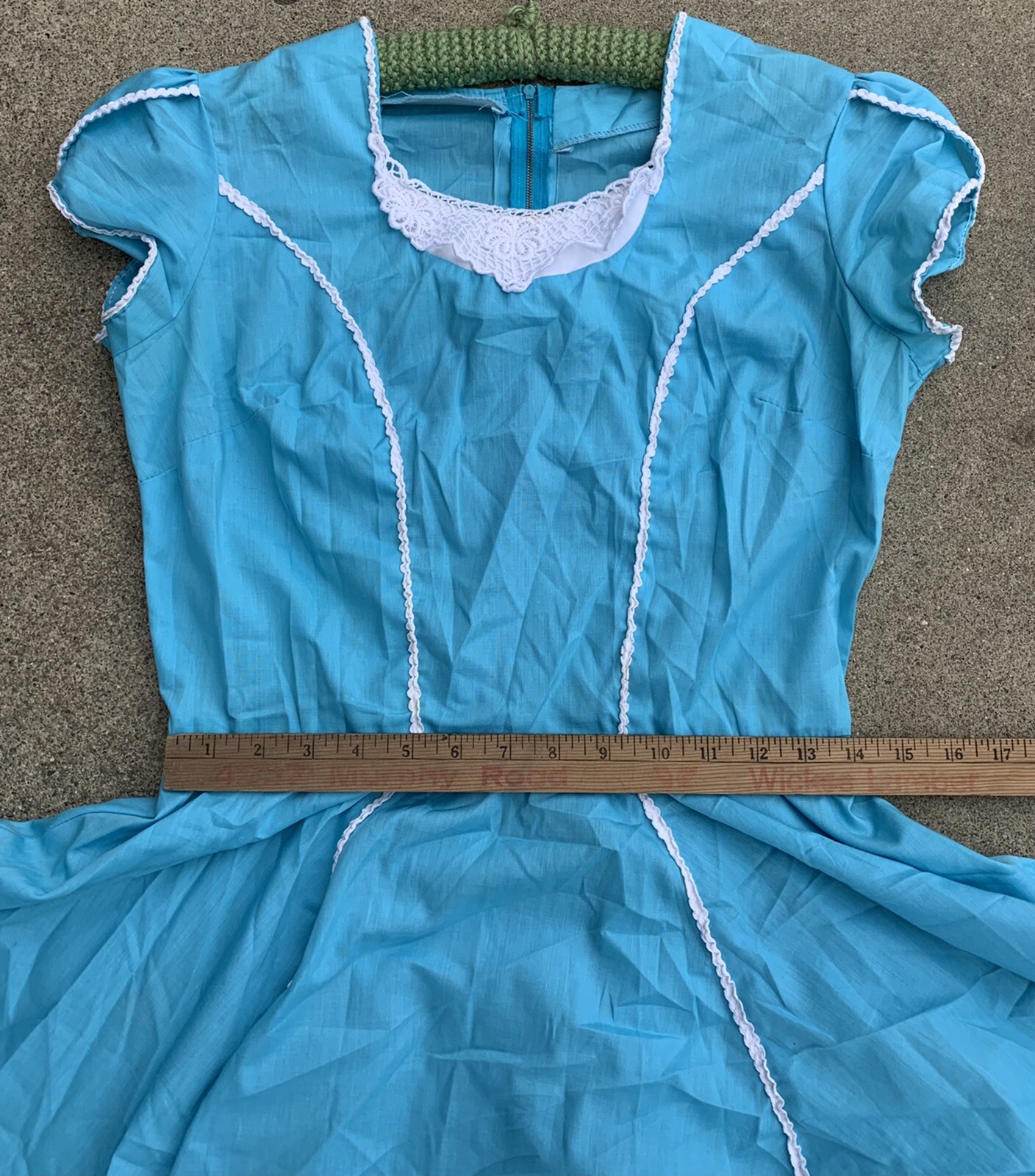 vintage square dance dancing dress with metal zipper blue with white accents