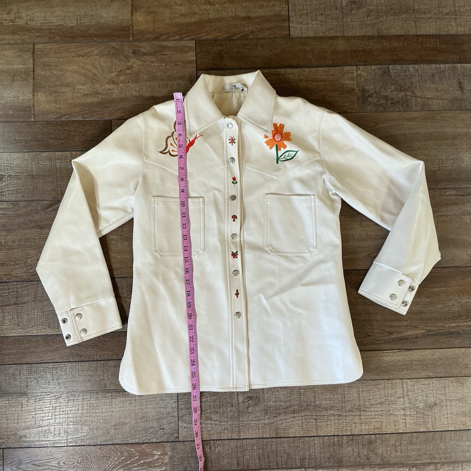 70s VTG Embroidered Cream Western Shirt Women s 14 Faux Leather Hong Kong #55125