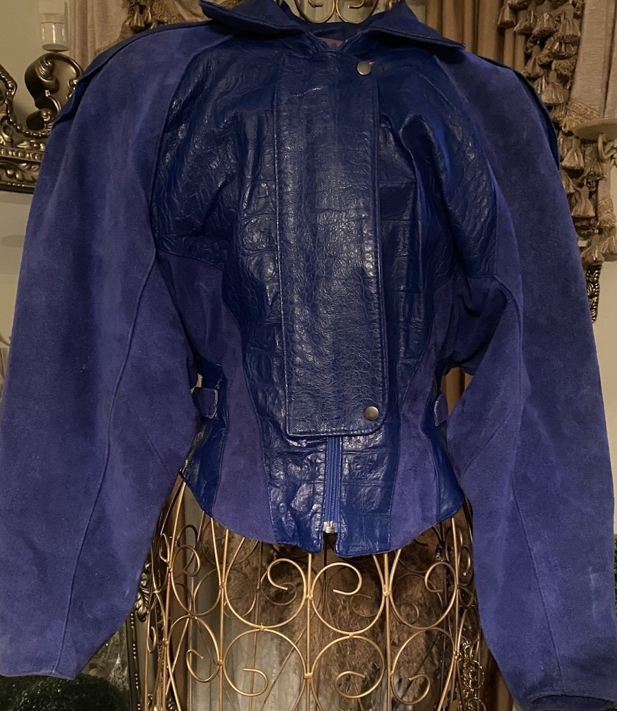 Vintage 80s Royal Blue Suede Leather Moto Jacket Croc Print Zip Women’s Size M