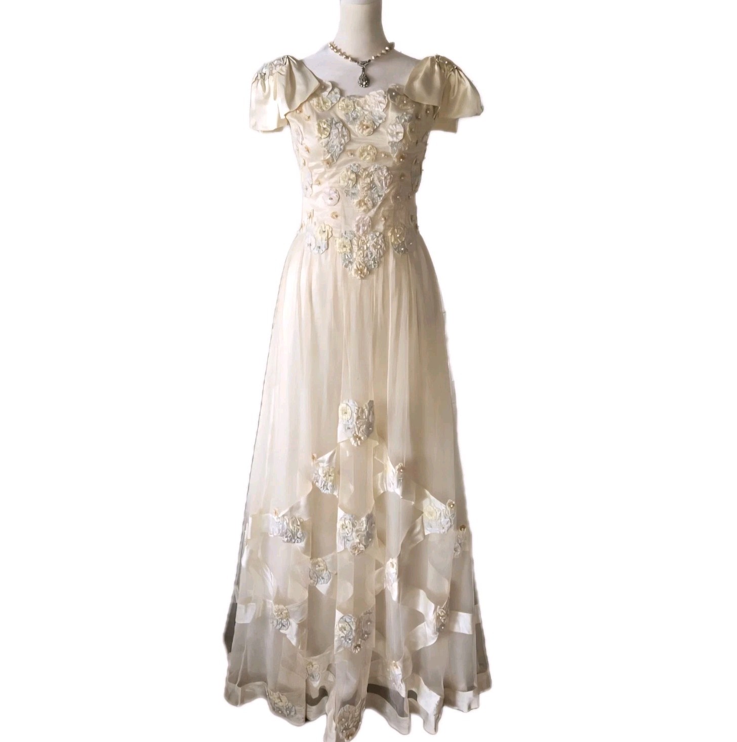 Vtg 40s 50s Floral Appliqué & Pearl Gown, S/4, Champagne/ Cream, Formal, Wedding