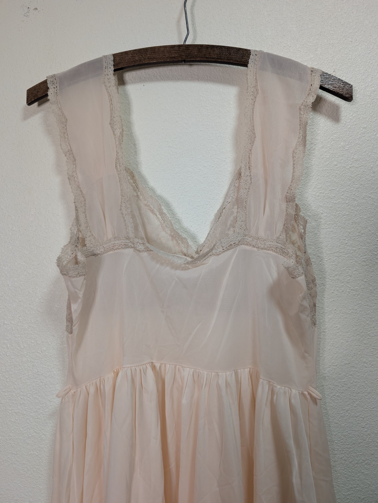 Vintage Blush Peach Lace Chiffon Gown Bardot Style Romantic Bridal Lingerie Slip