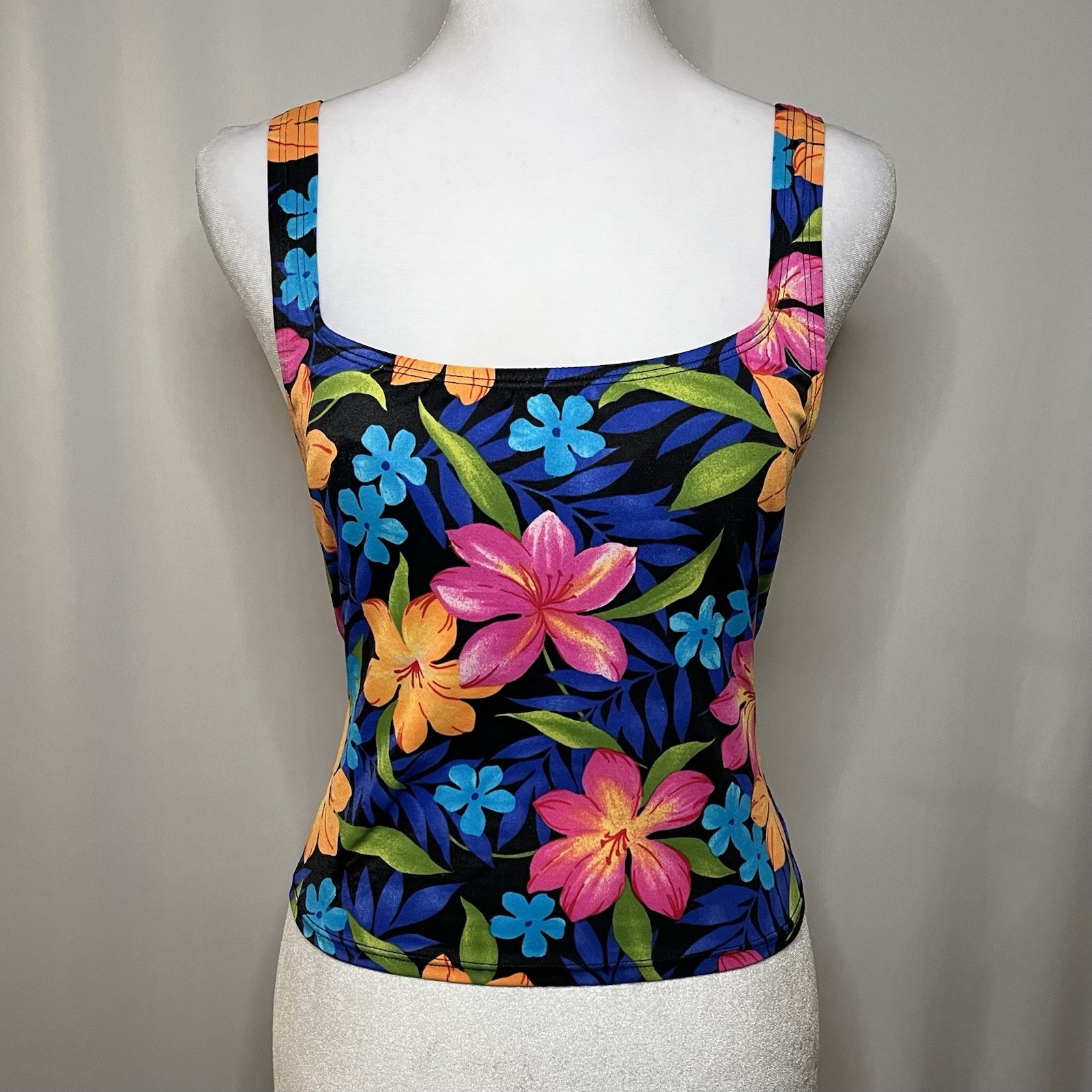 90’s Y2K Vintage Catalina Tropical Floral Print Tankini Swim Top Neon Women’s M