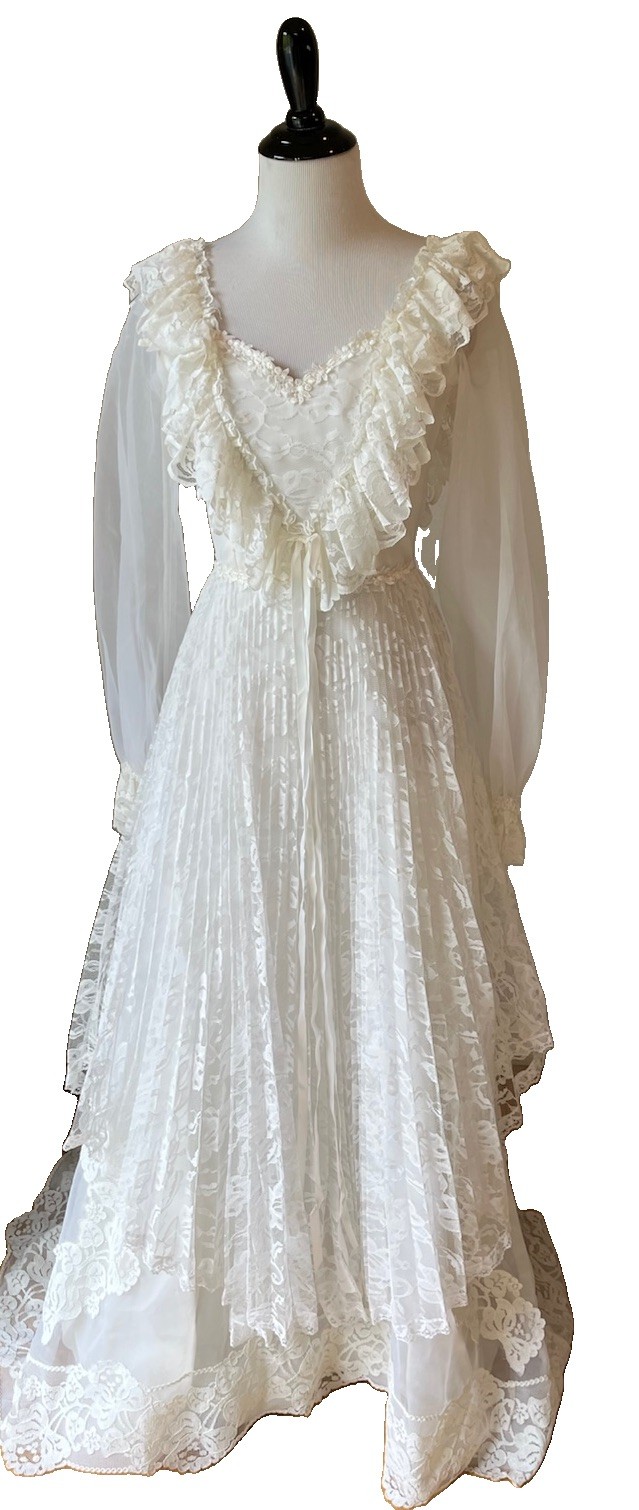 Vtg Victorian Prairie Cottage Lace pleated Wedding Dress 70s 80s Romantic 2?