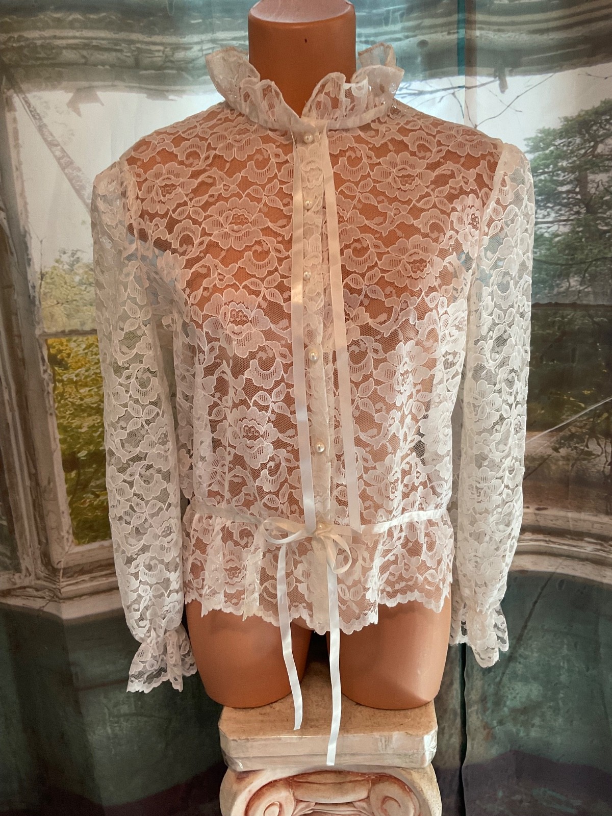 Vtg Victorian Style Ribbon & Lace Sheer White Blouse Top Romantic Boho Sz Large