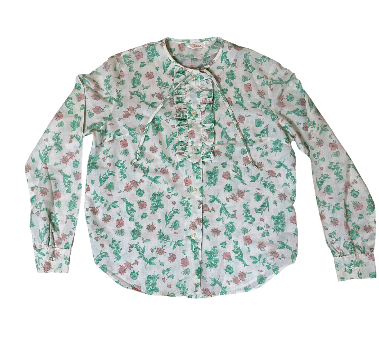 Vintage 70s Russ Floral Prairie Blouse Ruffle Tie Neck Cottagecore Union Made
