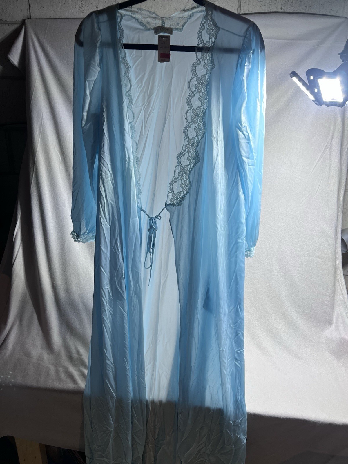 Vintage NWT Size L Miss Elaine Blue Silky SOFT Nylon Keyhole Night Robe w Lace