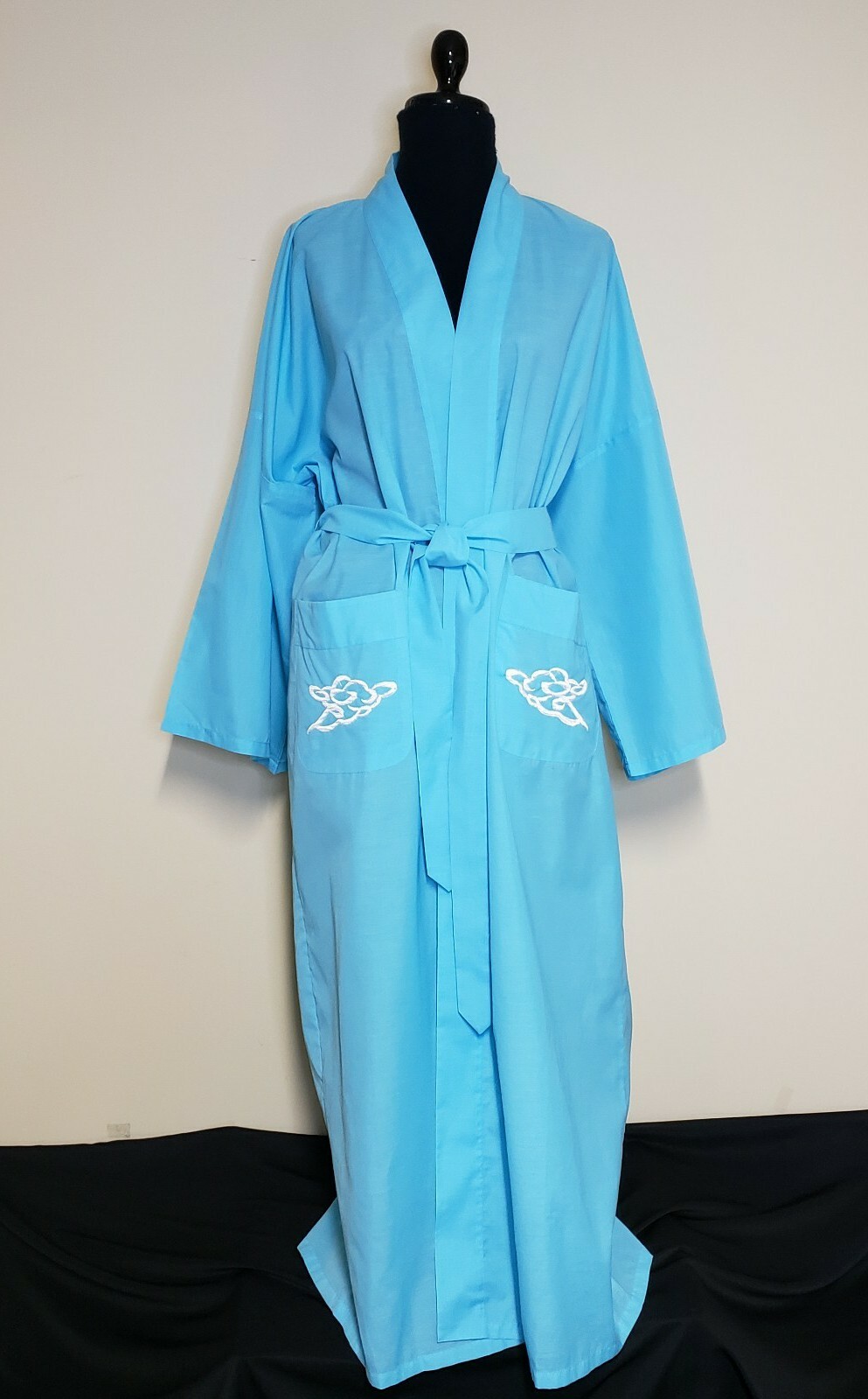 VTG Kimono Robe LG Plum Blossoms SPRING Blue Dragon Tie Belt Embroidery