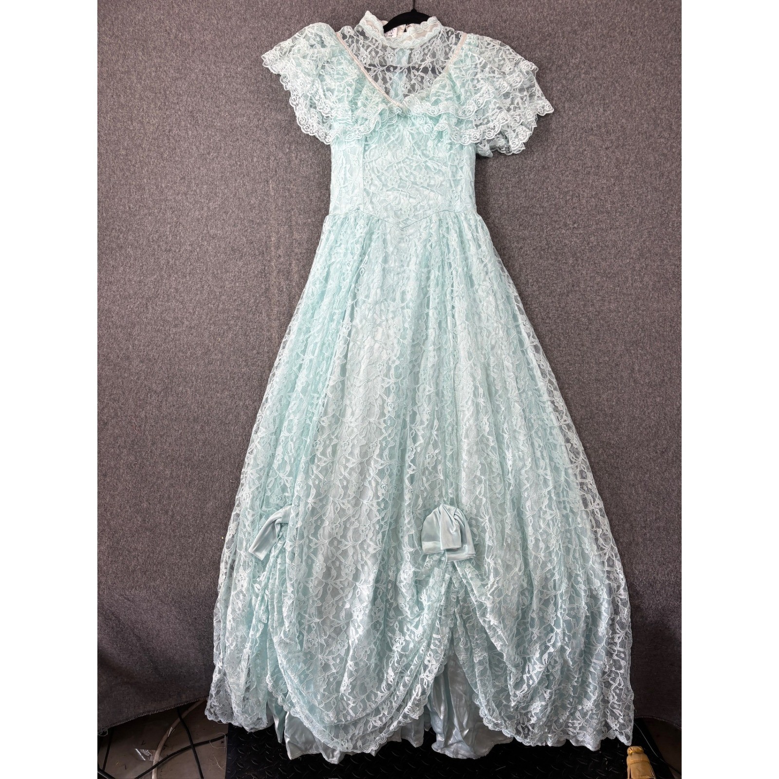 Vintage 70s Precious Moments Light Blue Lace Maxi Dress Prom Victorian 7/8