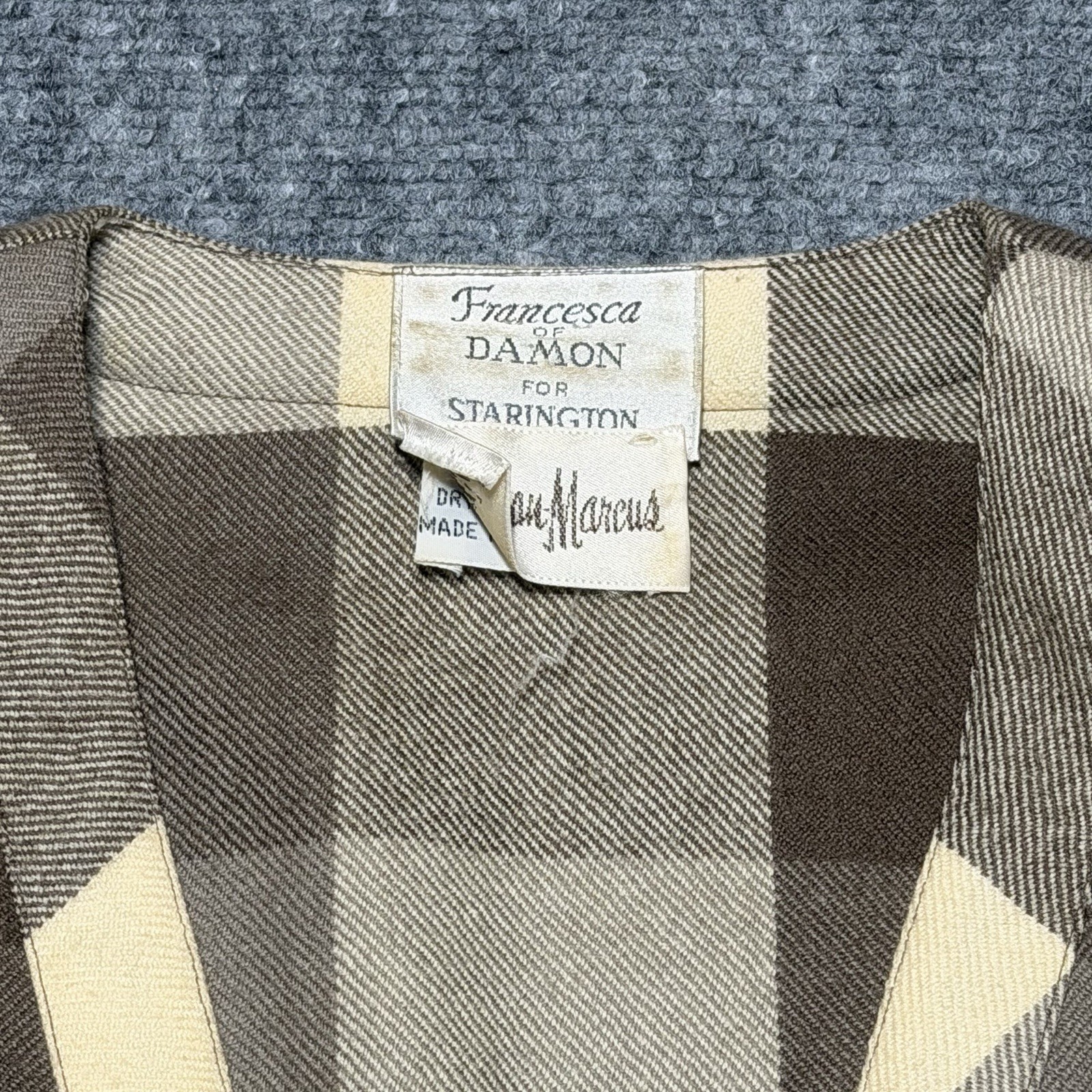 Vtg Neiman Marcus Women’s Coat Dress Sz 8 Plaid Brown 100% Wool Hong Kong Tag