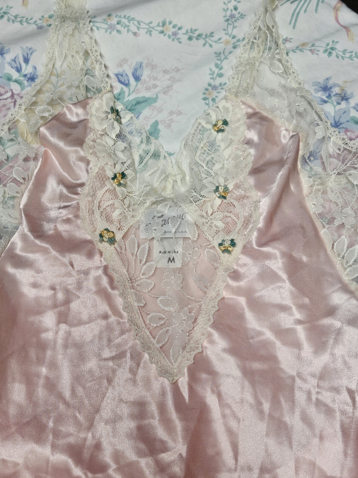 Samye Teddy Womens Medium Pink Satin Lingerie VTG Lace USA Romantic Valentines