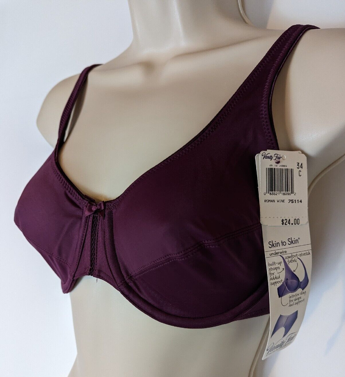 VTG VANITY FAIR SKIN TO SKIN BRA Wine/ Plum 34C Underwire #75114 34C NWT