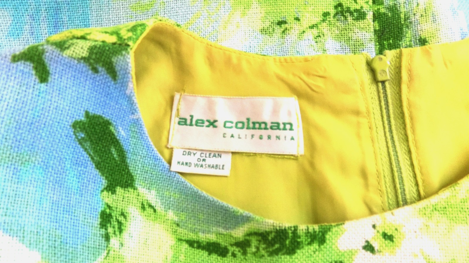 Vintage 60s-70s – ALEX COLMAN of California Mod Green Yellow Blue MIni-Dress