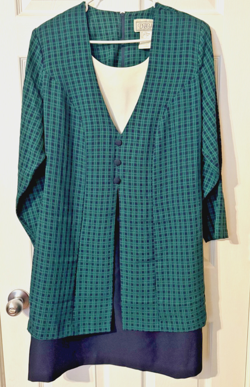Vtg DBY Super Cute Layered Mid Dress Navy/Green Checkered White V neckline Sz 14