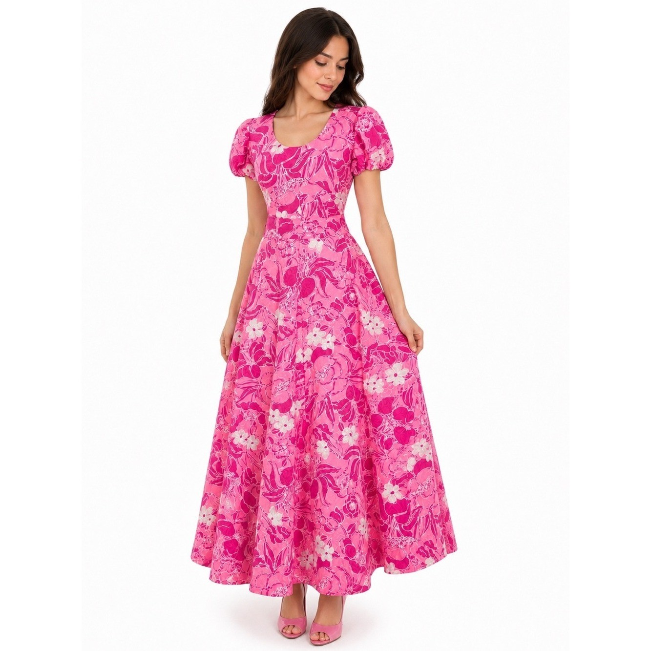 VTG 60s 70s Women’s Pink Floral Puff Sleeve Maxi Dress Cottagecore Boho Mod S M