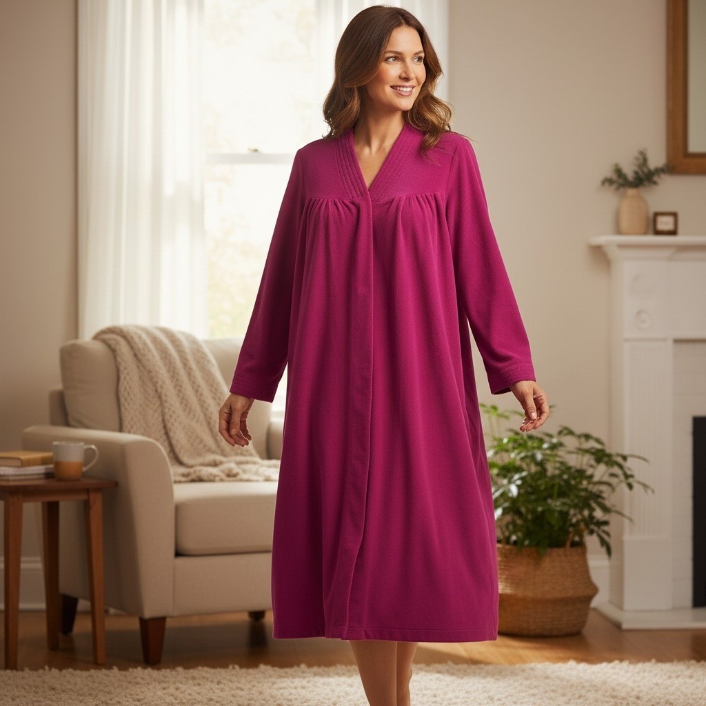 Vanity Fair Vintage Magenta Pink Fleece Snap Front Robe Housecoat Made in USA L