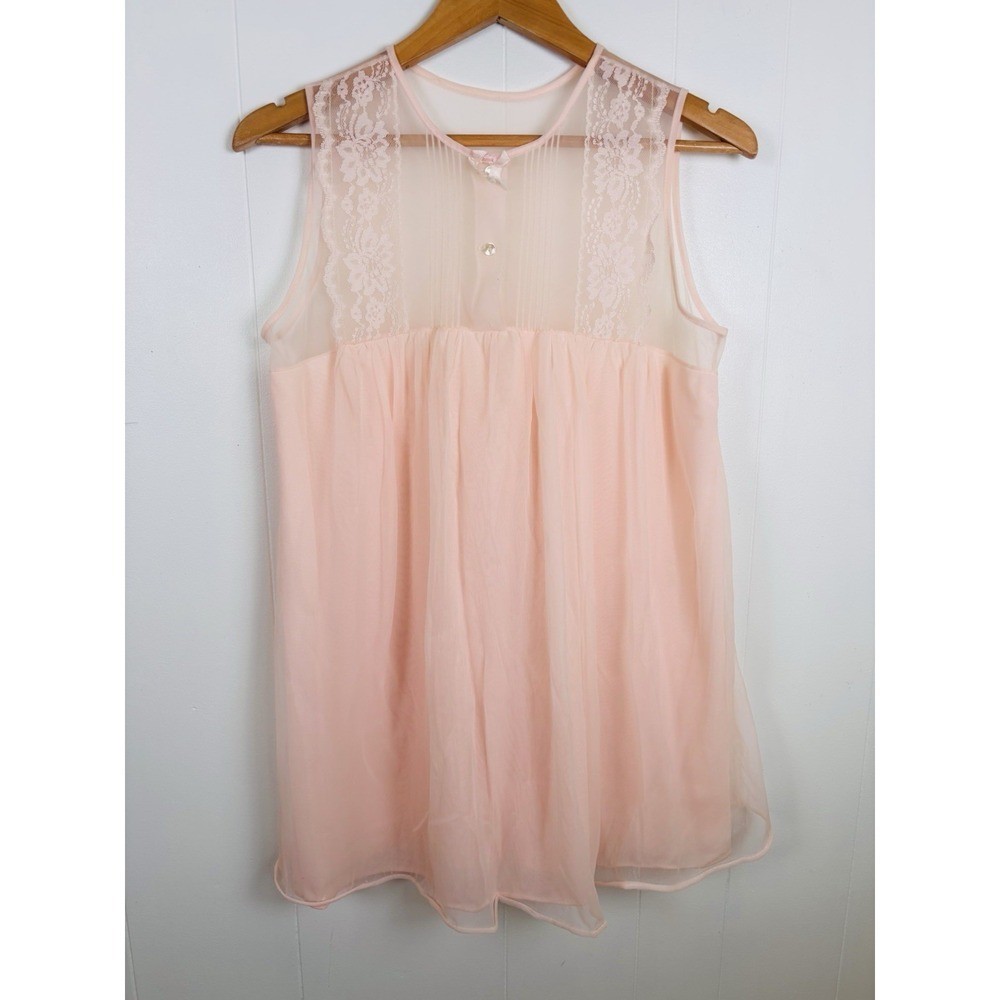 Vintage 1970s Babydoll Nightgown Lingerie Sz Small Nightie Peachy Pink Sheer