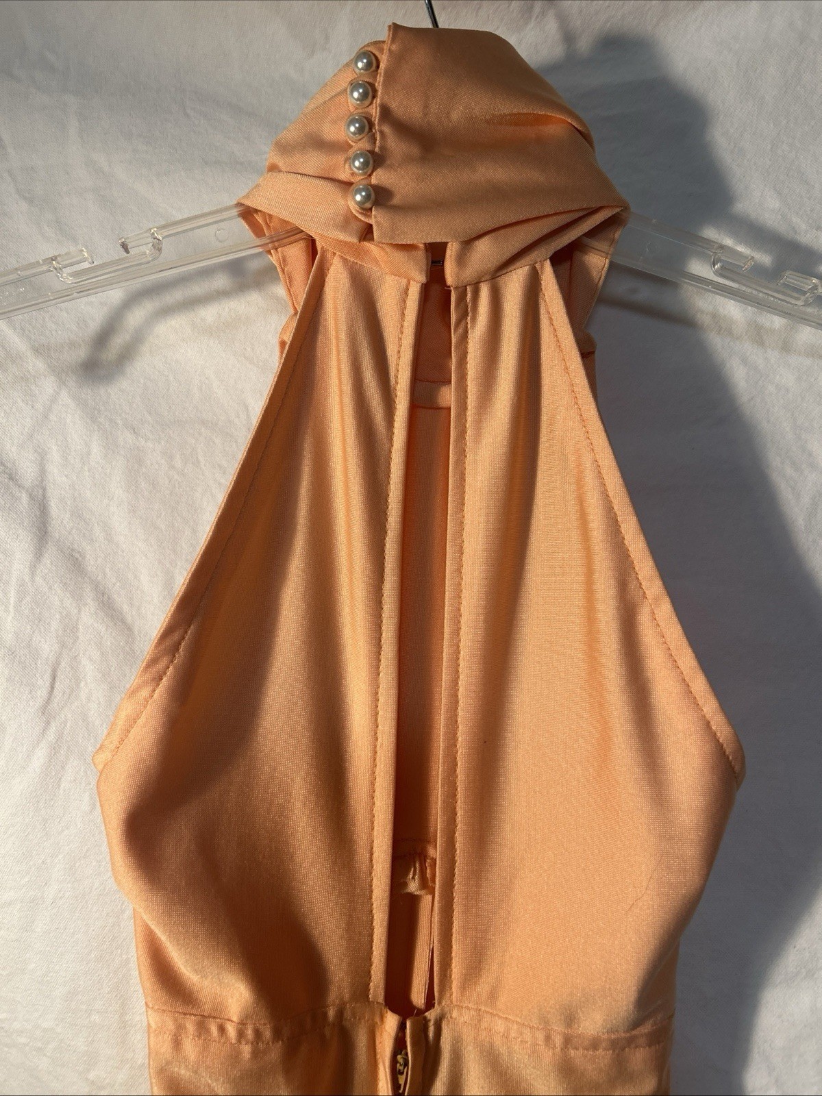 1970’s Dress Halter Top Mock Turtleneck Empire Waist Maxi GoGo Pearl Button Neck