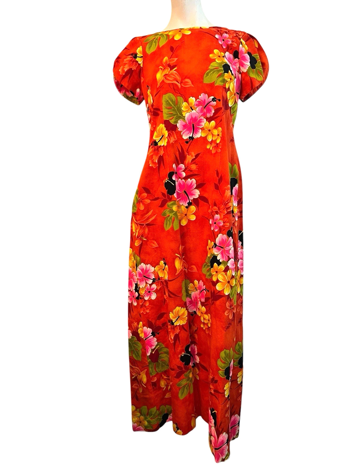 Sears Hawaiian Fashions Small Bright Orange Barkcloth Hibiscus Maxi Dress Vtg