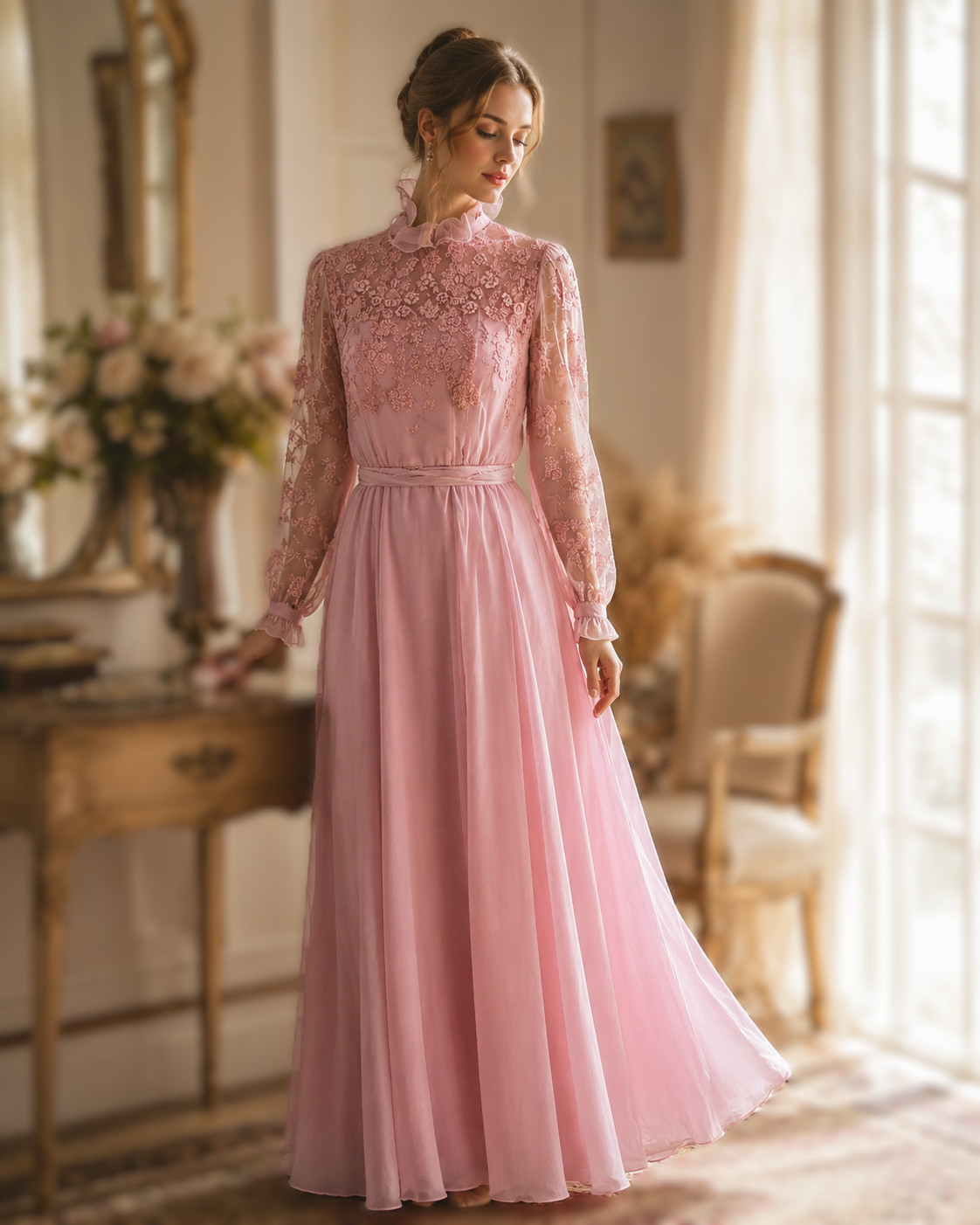 Vintage Miss Elliette California Pink Embroidered Chiffon Maxi Dress Size 12 NWT