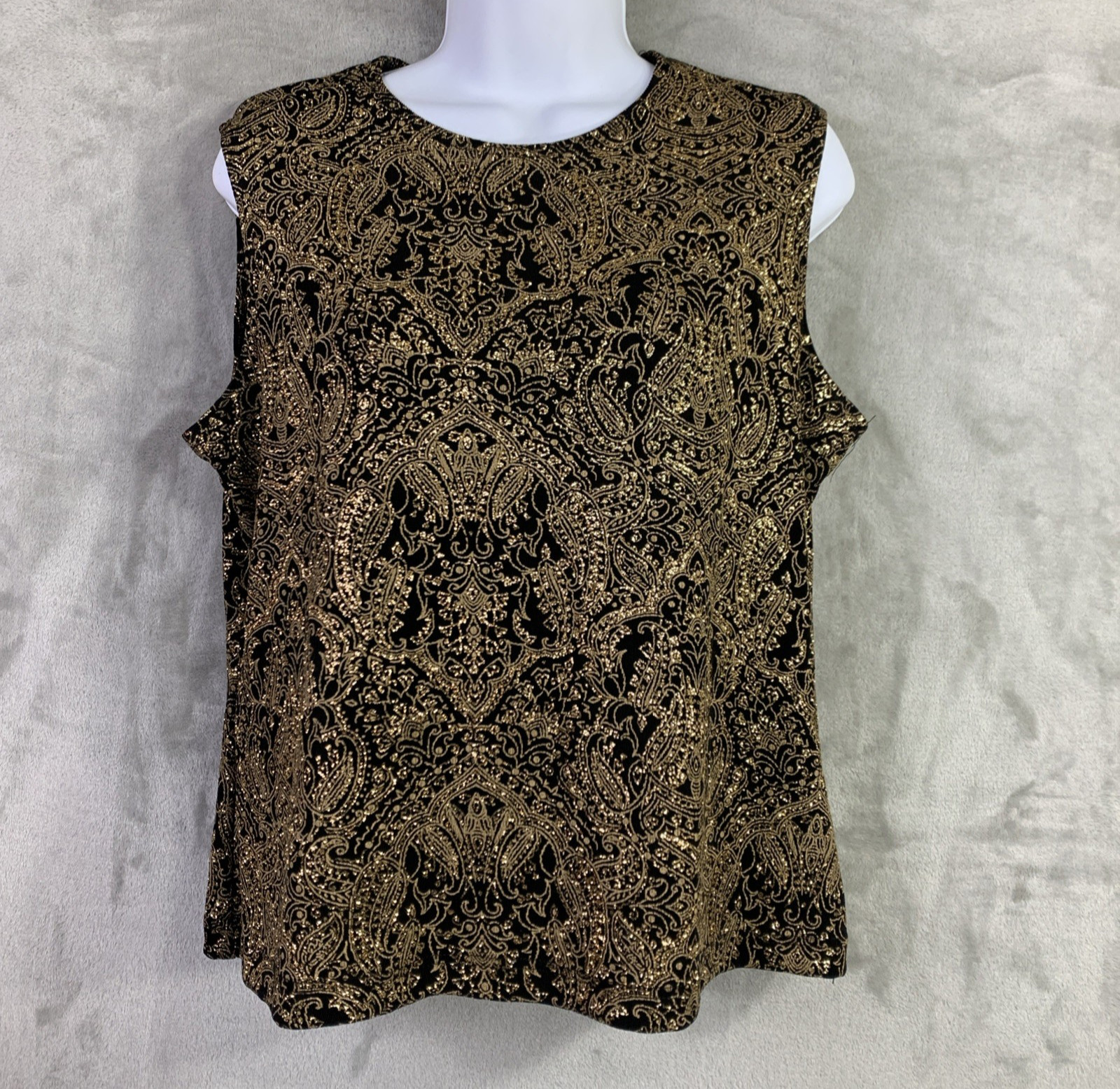 VTG Ronni Nicole Petite Ouida Top Gold Blk Paisley Glitter Event Party Glam PL