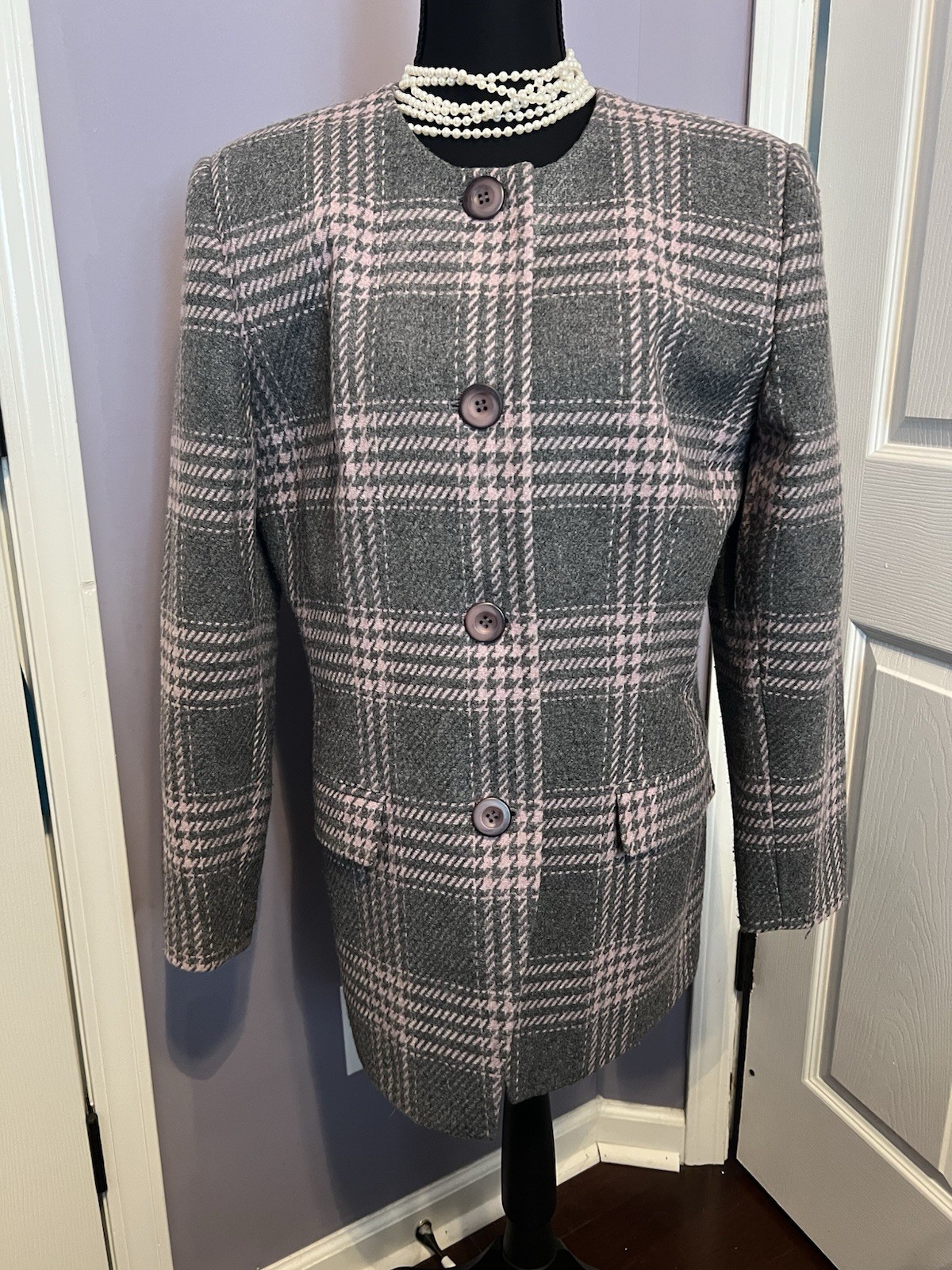 Vintage 90’s Amanda Smith Coat Jacket Gray Pink Houndstooth Plaid Wool 14 USA