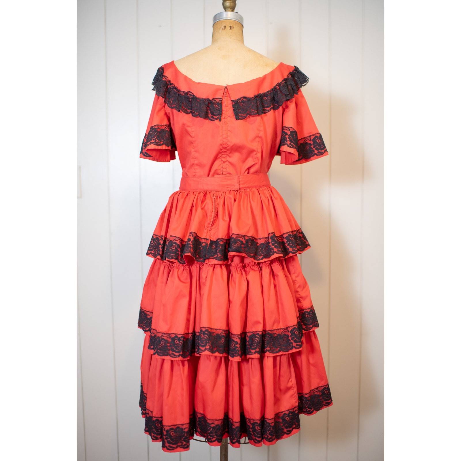 Vintage 50s 60s Square Dance Set, Red Black Lace Ruffle Skirt & Blouse, Fiesta S
