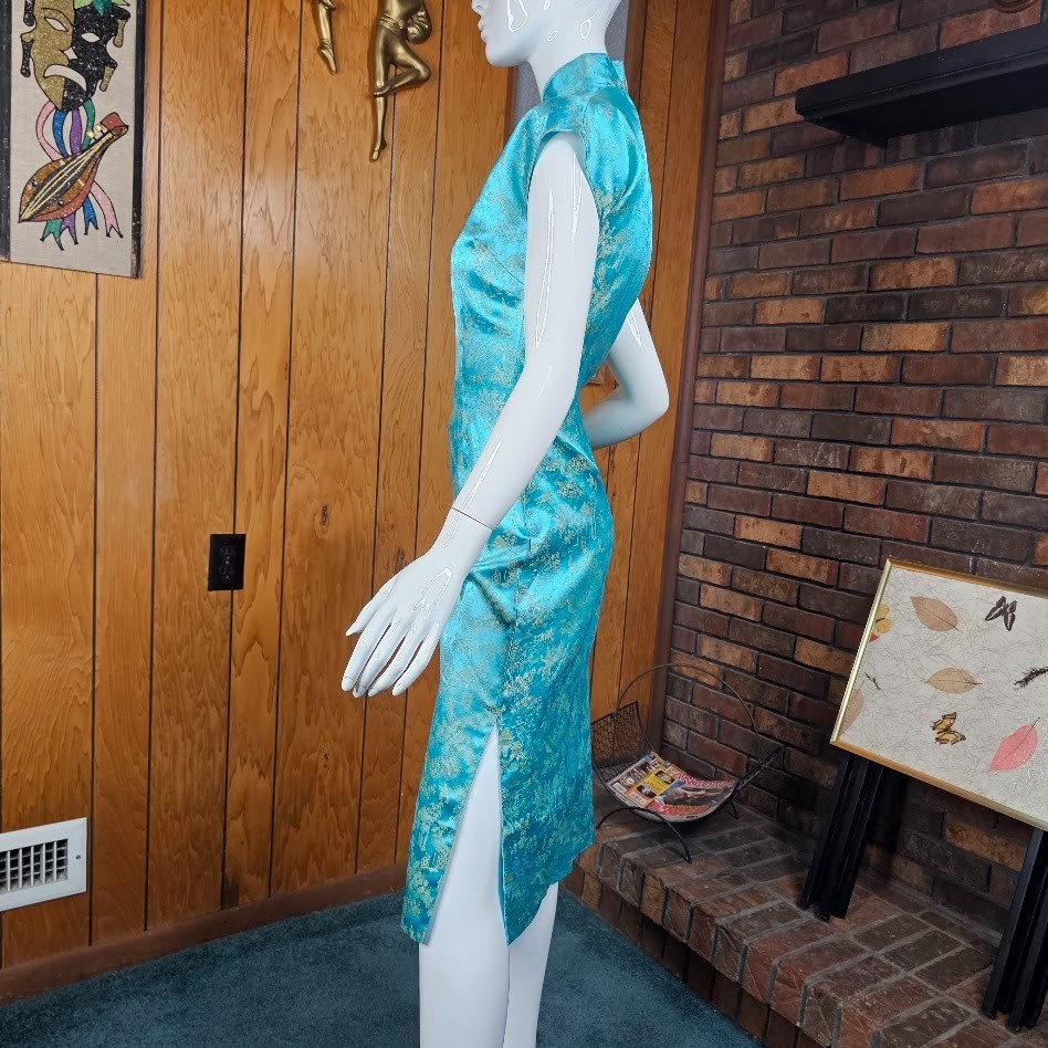 Vtg 60s Aqua Blue Gold Brocade Cheongsam Qipao Evening Cocktail Party Dress XS/S