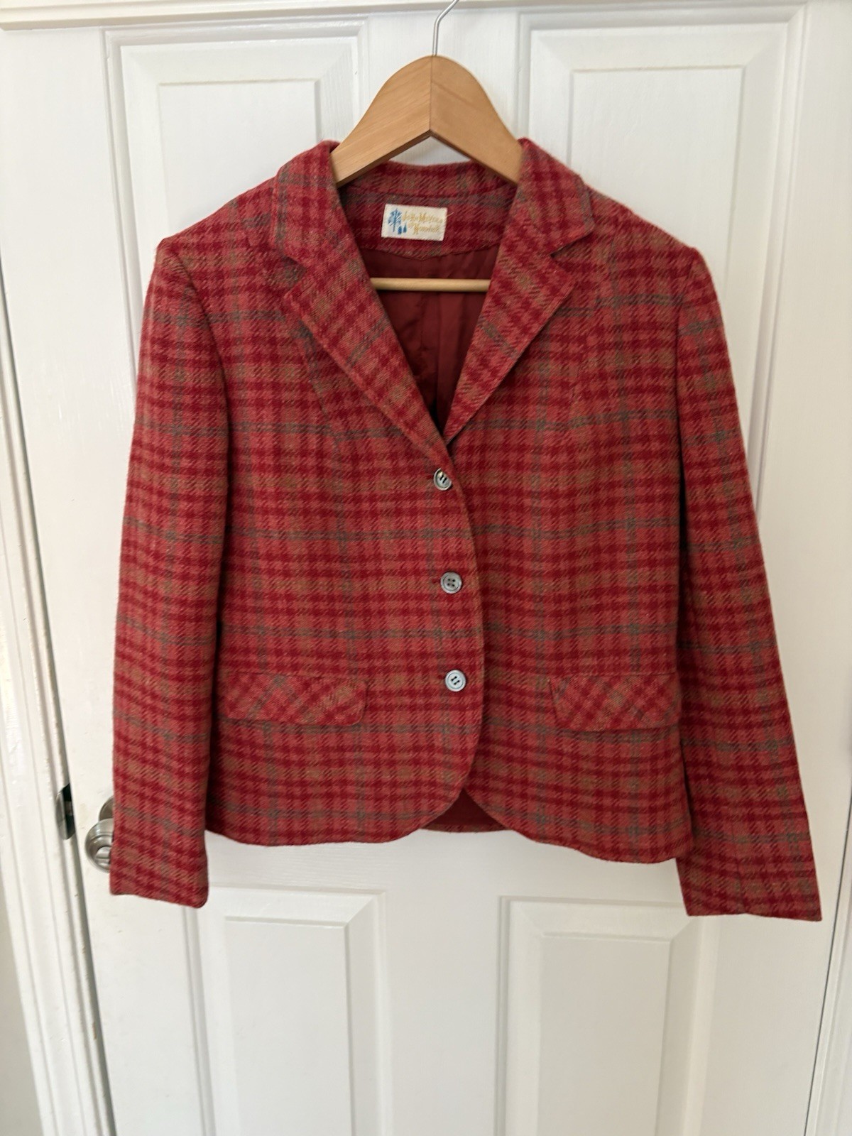 Vintage 60s John Meyer of Norwich Plaid Tweed Wool Blazer Pink 10 Small Granny