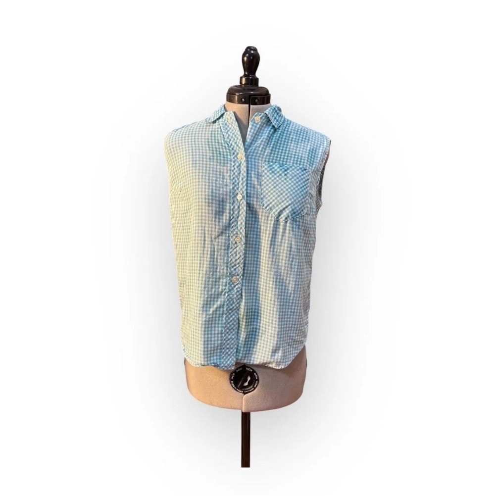 Vintage 1970s Blue Gingham Sleeveless Button Up Blouse Preppy Mod Summer Top S