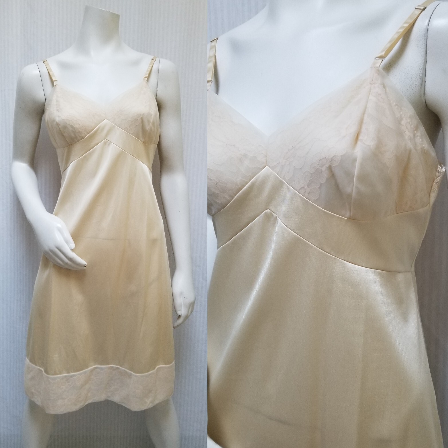 Vintage JC PENNEY Beige/Nude Nylon Lace Chiffon Full SLIP PIN-UP – Size L