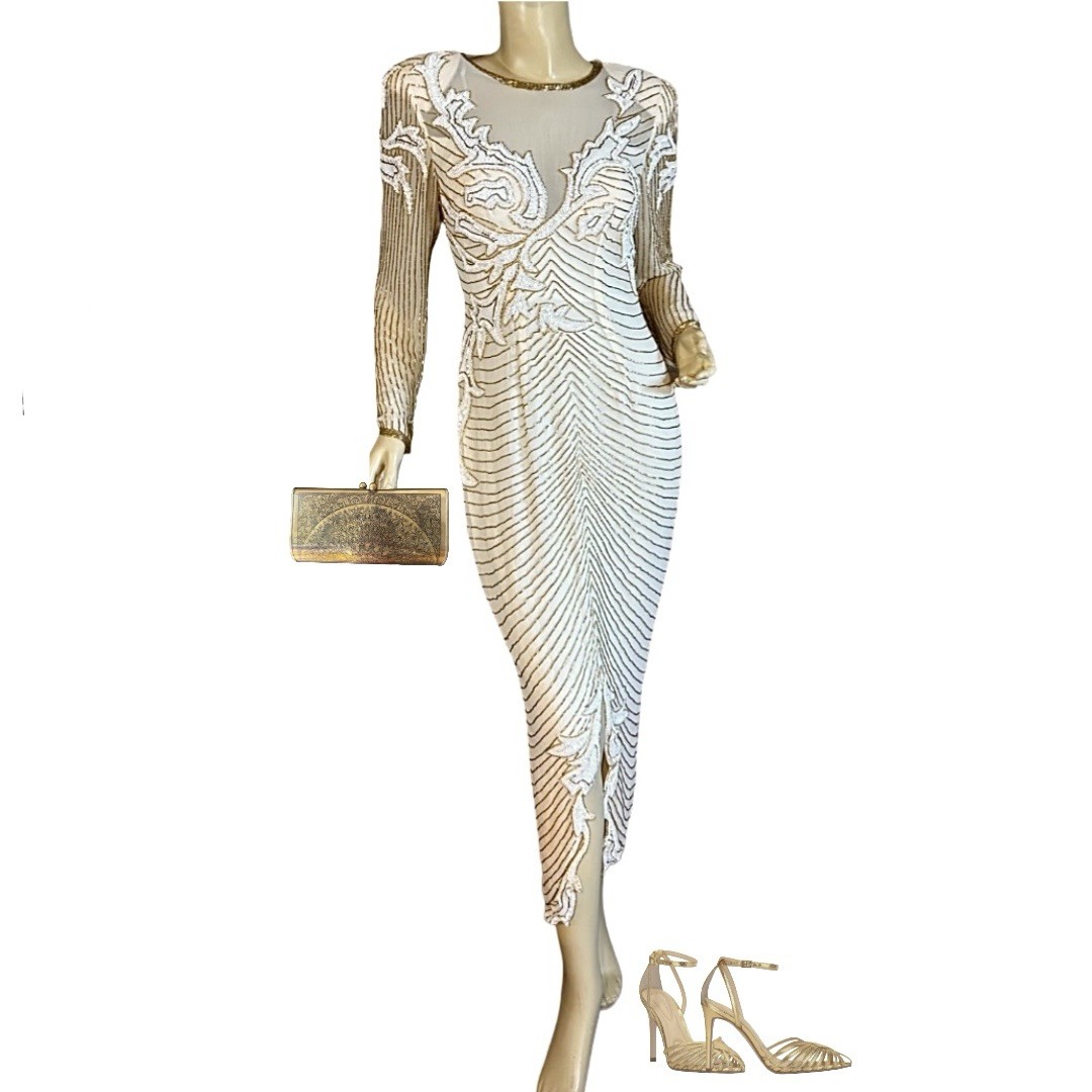 VINTAGE 1980’S A.J. BARI CREAM & GOLD BEADED COCKTAIL DRESS SIZE 6