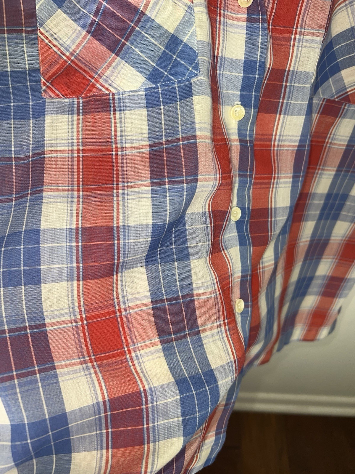 Vintage 70’s Patriotic Plaid Red White & Blue Button Top. Sm/Med Americana