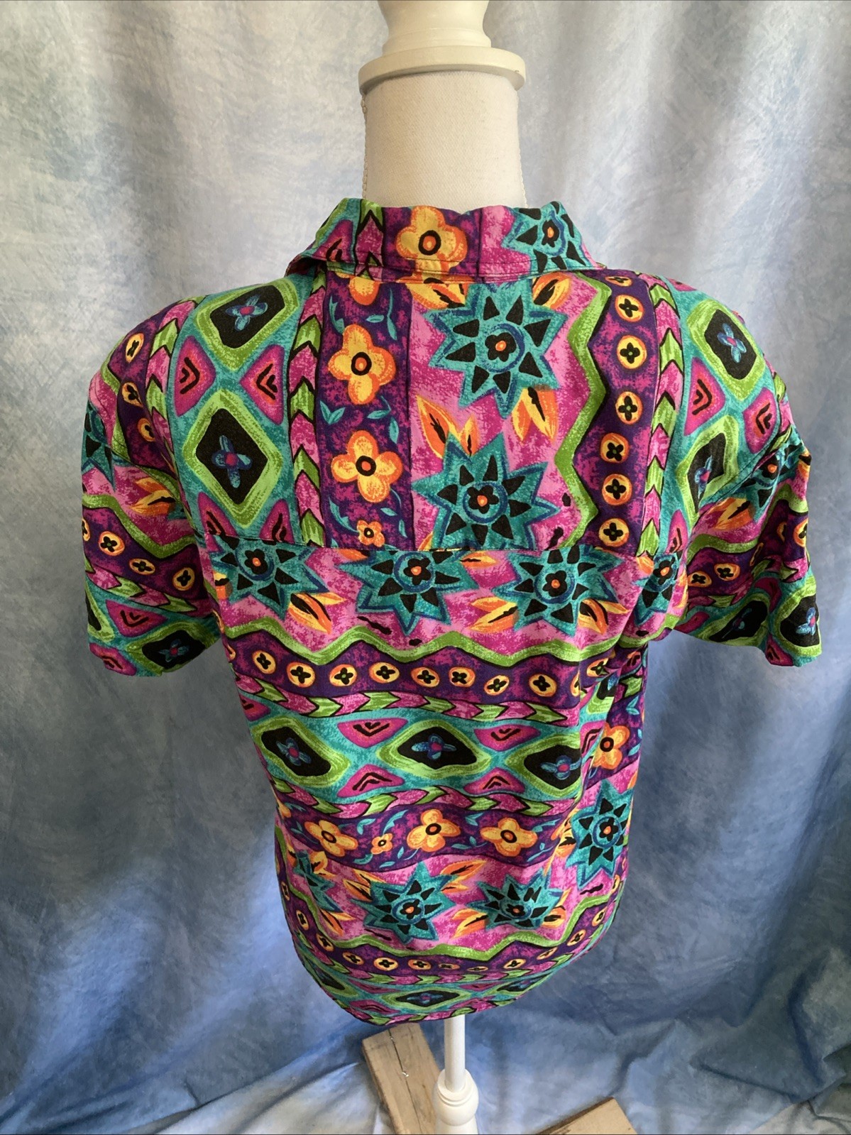Vtg Accordeon 80s 90s Rayon Abstract Geometric Floral Shirt S Shoulder Pads Rave