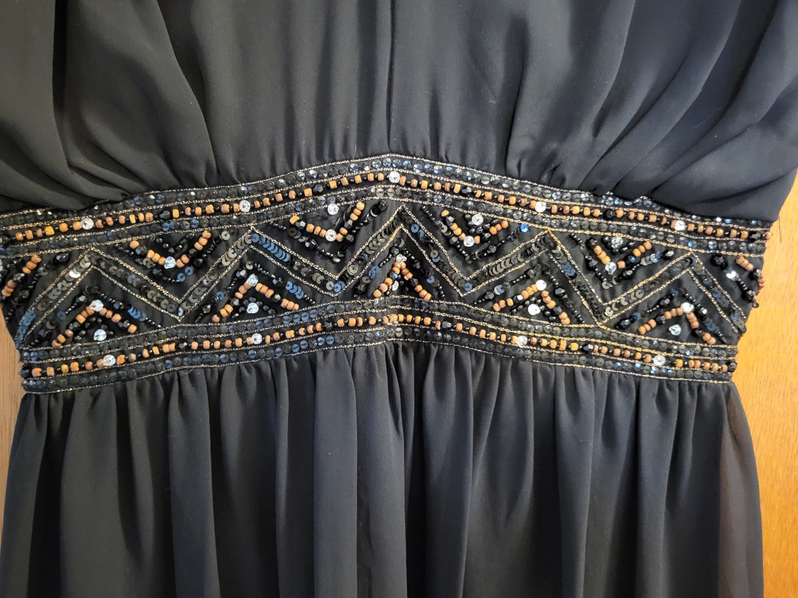 Vintage Eva Blue Dress Black Chiffon Lined Embellished Waist Petite Sz 10
