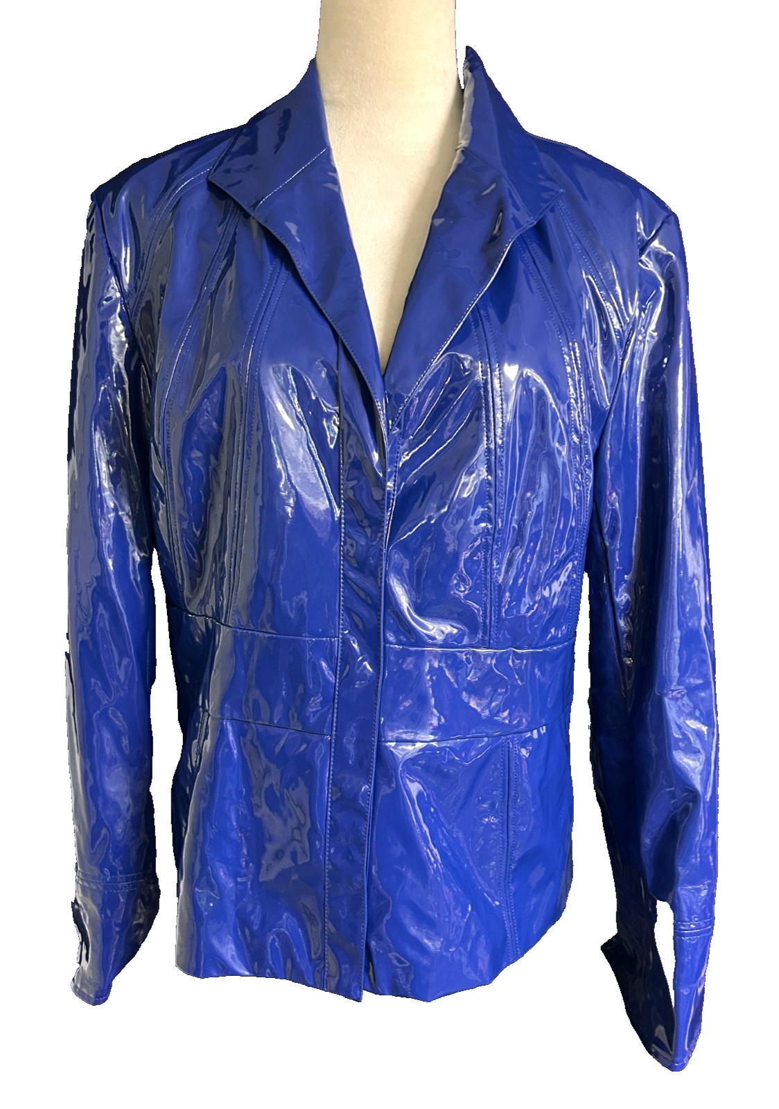 VTG 90s Does 60s Bright Blue Vinyl Mod Pamela McCoy Patent Rain Jacket Size L
