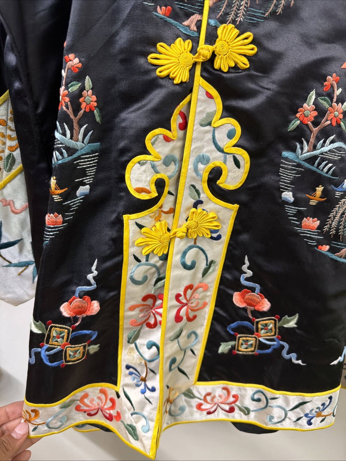 Vintage Esme Chinese Silk Blend Embroidered Jacket Robe Pajama Top Black Size M
