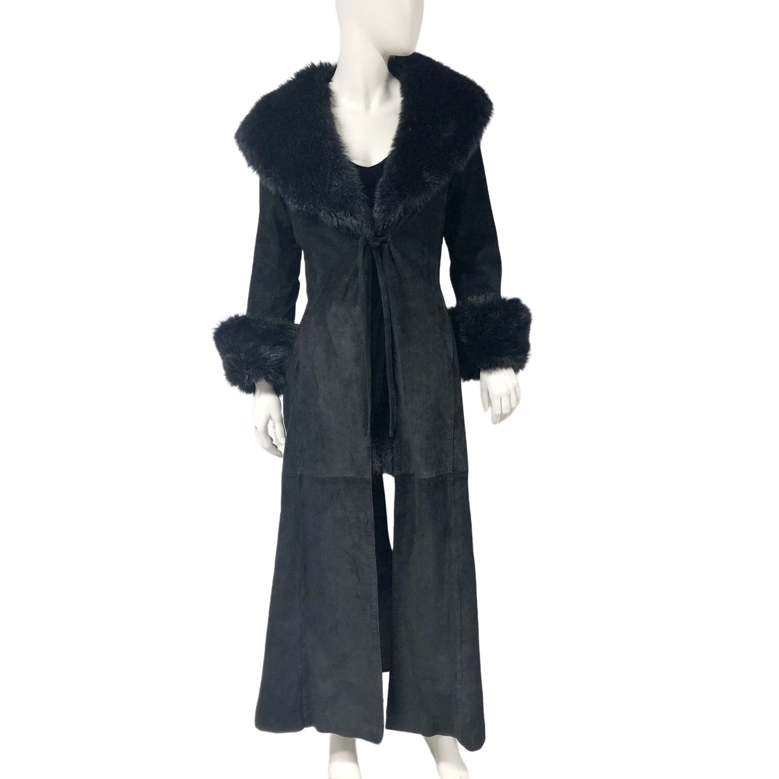 Vintage Y2K 2000s Express Black Suede Faux fur Long Coat Duster Size 5/6