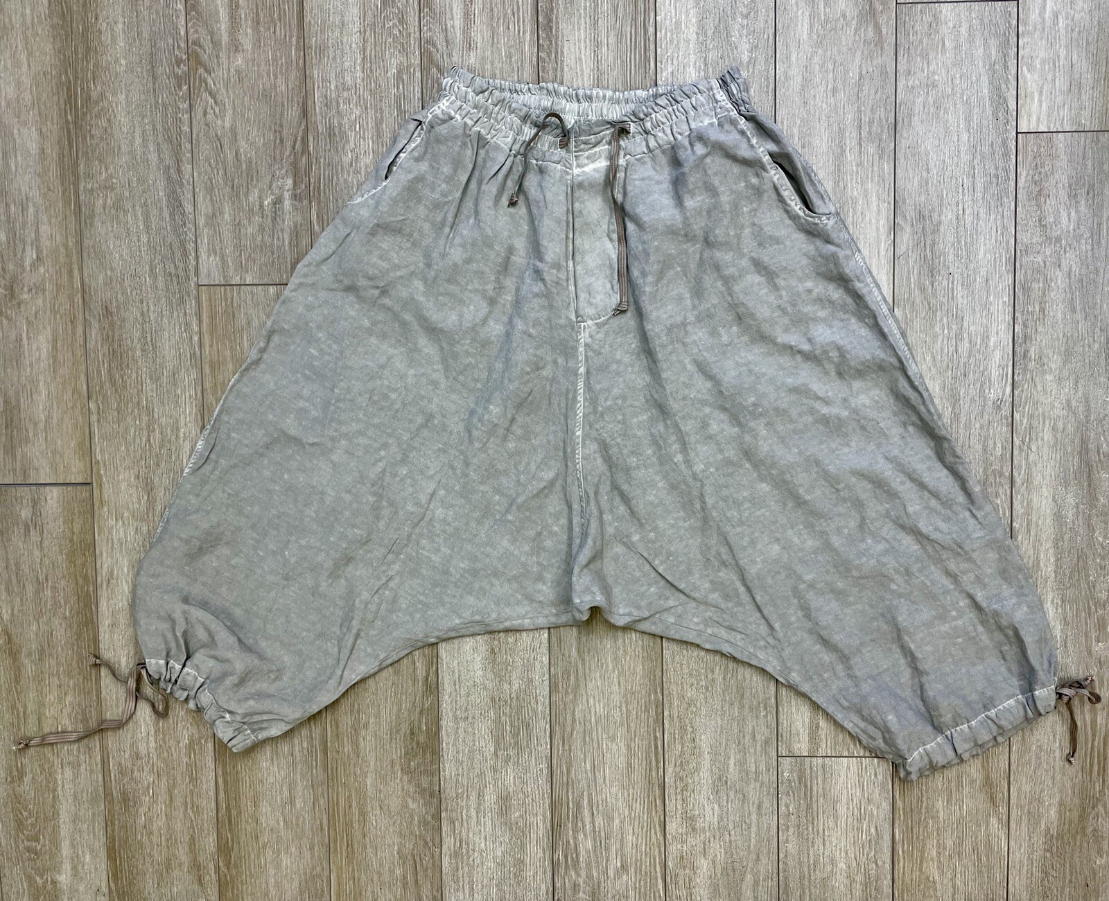 Designer Gilda Midani Gray Linen Harem Parachute “Y” Drawstring Pants