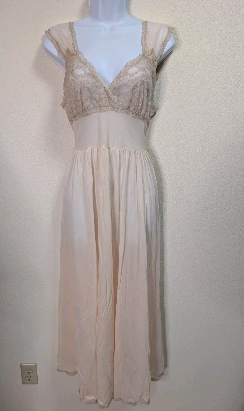 Vintage Blush Peach Lace Chiffon Gown Bardot Style Romantic Bridal Lingerie Slip