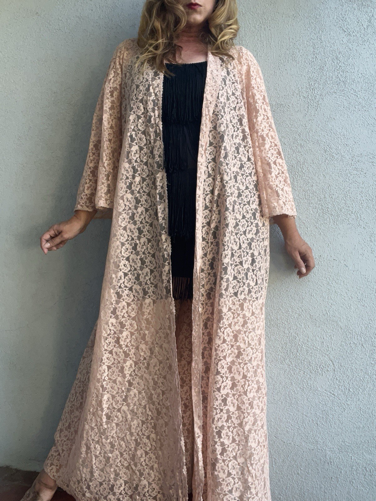 Rare VTG Olga 9120 Pink Lace Open Duster Robe Peignoir Full Length Boudoir M USA