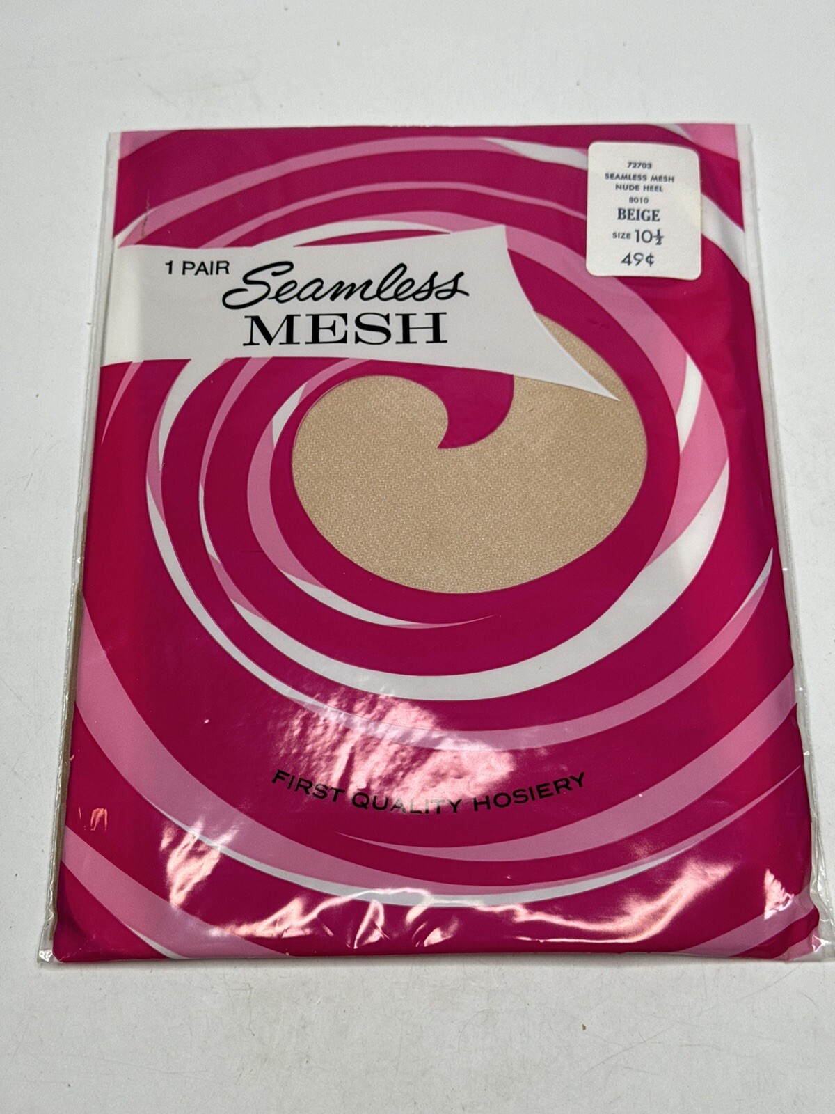 Vtg Seamless Mesh stockings 1 Pair Thigh High Stretch Nylon Size 10 1/2 Nude