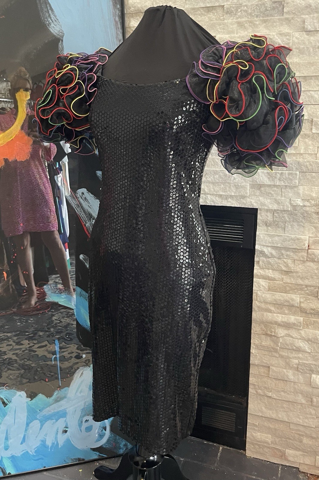 VTG 1980s Black Sequin Colorful Puff Sleeve By Cattiva Size 10 Dynasty